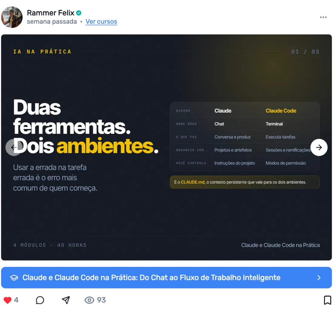 Publicação de um instrutor no feed da Ensino Nacional: post em carrossel divulgando o curso, com o botão azul logo abaixo que leva direto à página do curso